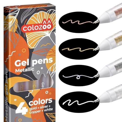 colozoo Metalliska gelpennor 4x 0,8mm guld silver koppar vit | Metalliska gelpennor guld silver koppar vit, spets 0,8 mm, snabbtorkande, svart papper, scrapbooking och gästbok