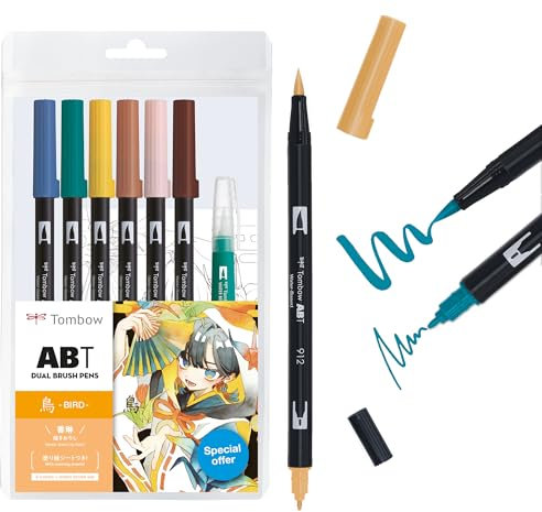 Tombow ABT Dual Brush Pen Set Manga Aquarelle Bird, set de 6 ABT + pinceau à réservoir d'eau, modèles de coloriage & tutoriel vidéo [ABT-6P-MANGA-BIRD], jaune