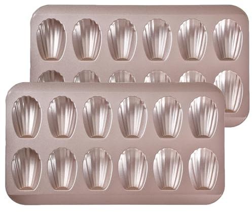 Madeleine Pans for Baking (2-Pack) 12 cup Madlen Mold Makes Shell Shape Cake Cookies Nonstick Carbon Steel Madeline Tray for Oven Gold