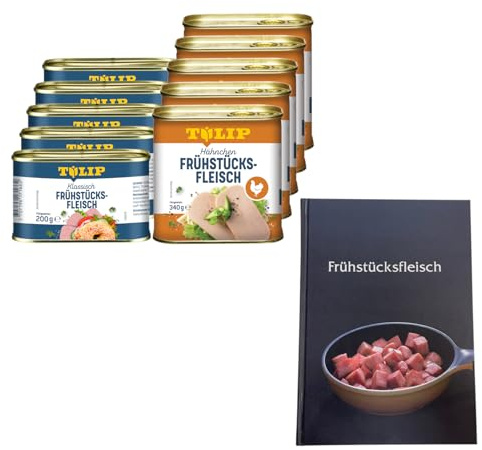 TULIP 5x Schweine-Frühstücksfleisch 200g + 5x Hühnchen-Frühstücksfleisch 340g + Kochbuch | Fleisch in der Dose + Gebundenes Kochbuch mit 57 Rezepten | 87% Schweinefleisch und 80% Hähnchen