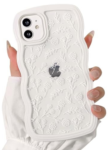 NITITOP Compatible for iPhone 11 Case Cute Clear Flower Floral Leave Curly Blue Wave Frame Shape Wavy Shockproof Soft TPU 2 in 1 Protective Phone Cover for Women Girl - White