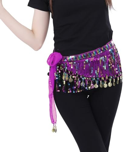 Bailinks Écharpe de hanche sequins pour danse orientale, jupe en mousseline avec pièces monnaie pour la danse du ventres, les cours de yoga,performances-Ceinture écharpe de danse pour femmes(Violet)