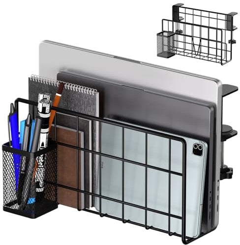 THYGIFTREE Desk Side Storage, Vertical Laptop Stand, Laptop Holder Desk with Pen Holder, Clamp on Shelf (Black)
