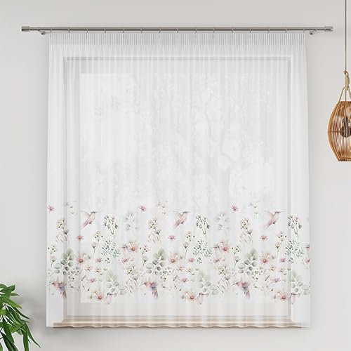 Gardinen Vorhangen Mehrfarbig 200x155 cm (BxH) Moss Voile Blumen Vögel Muster Kurz Gardinen mit Kräuselband und Bleiband Wohnzimmer Schlafzimmer Gardinenschals Fenstergardinen Küchengardine