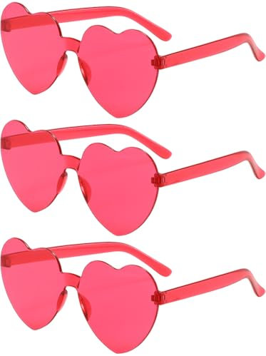 XFentech 3 Pack Heart Shaped Womens Sunglasses - Ladies Fashion Rimless Sunglasses Vintage Love Heart Sunglasses Pink Eyewear for Shopping Beach Outdoor Party, Rose Red
