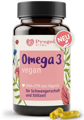 Omega 3 Schwangerschaft - 1000mg Algenöl pro Tag, 450mg DHA und EPA, 60 Omega 3 vegan Kapseln - von PregniVital®