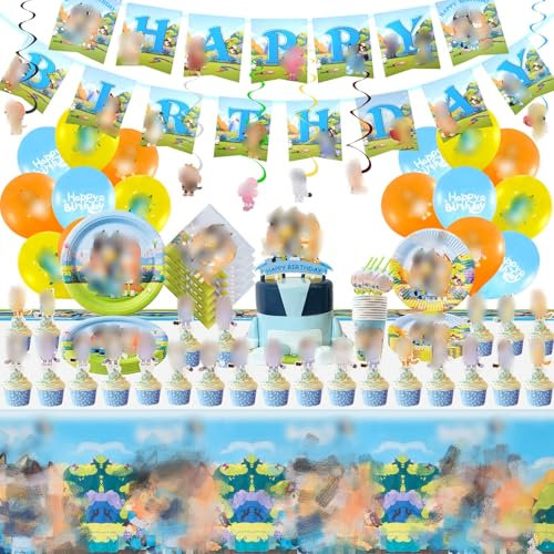 Decoración de cumpleaños, 111 piezas de decoración de fiesta, suministros de fiesta de cumpleaños, juego de vajilla para niños, globos, decoración de tartas, mantel de cumpleaños, servilletas, platos,
