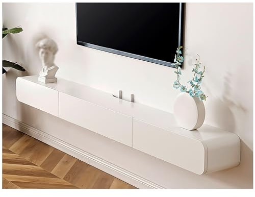 Soporte de TV blanco flotante con puerta y agujero para enrutador, consola de TV de madera maciza para sala de estar, consola multimedia con parte trasera hueca, armario de TV moderno para estante de