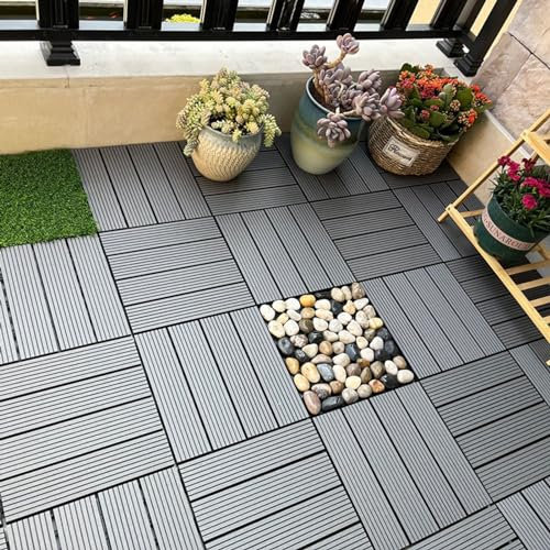 HGOuhK Wood Plastic Interlocking Flooring 12 Square Interlocking Striped Vinyl Flooring Tiles, Outdoor Decking, Wood-plastic Composite Tiles for Patio Porch Backyard(Grey)