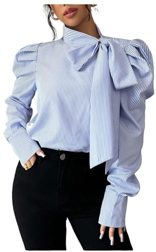 GORGLITTER Women's Striped Long Sleeve Shirt Blouse Trendy Business Casual Teacher Fall Work Bow Tie Neck Blouse Tops Blue X-Large