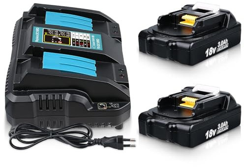 DASNITE 2Stück 3,0Ah Li-Ion Ersatzakku für Makita 18V Akku mit Ladegerät DC18RD Dual Port Ersatz für Makita Akku 18V Ladegerät BL1850 BL1860 BL1830 BL1815 Kompatibel mit Makita Ladegerät DC18RA DC18RC