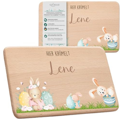 KIDSMOOD - Frühstücksbrettchen mit Namen – Holz-Brettchen mit Gravur – Personalisierte Geschenke für Kinder zu Ostern – schneidebrett holz für Osterfrühstück & Osterdeko [22x14 cm]