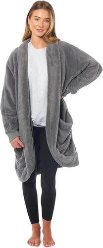 BLOOM BLENDS Cardigan da donna in morbido pile, vestaglia lunga in caldo peluche con tasche, accappatoio leggero e accogliente per comfort e abbigliamento da casa, Carbone, Taglia unica