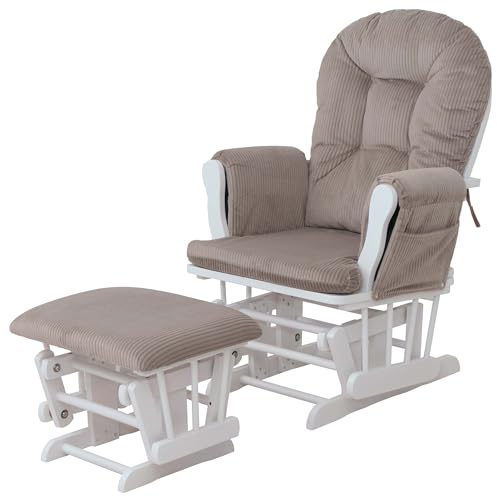 Mendler Relaxsessel HWC-C76 Stoff - hellgrau Gestell weiß | Schaukelstuhl, Sessel, Schwingstuhl, mit Hocker, Cord, 320g/m², Öko-Tex