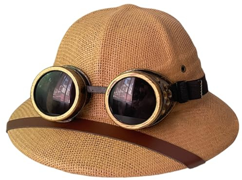Csafyrt Straw Hats for Men Classic Wide Brim Pith Helmet with Goggles UV Protection Adjustable Lightweight Summer Straw Hat Khaki