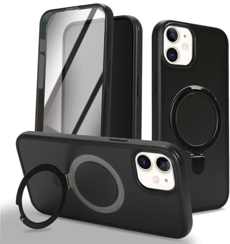 Zouzt for iPhone 12 Matte Case and Screen Protector 12 Pro Case with Glass Screen Protector 360 Full Body Protective Shockproof Frosted Stand Phone Case, Anti-Fingerprint - Black