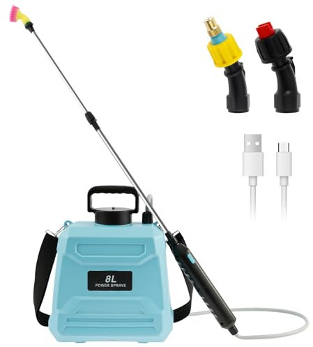 Spruzzatore a pressione da 8 litri, a batteria con 3 ugelli per nebbia, spray elettrico ergonomico con tracolla regolabile, per siringhe da giardino, spruzzatore d'acqua (8 l, blu)