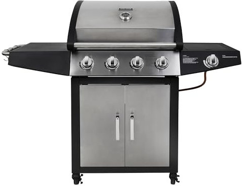 George Foreman GFGBBQ4B1SS3-C 4 plus 1 Burner Propane Gas BBQ in Black, 28 Burgers, 4 Grill Burners Plus 1 Side Burner, Piezo Push Button Ignition, Integrated Thermostat,2x Stainless Steel Side Tables
