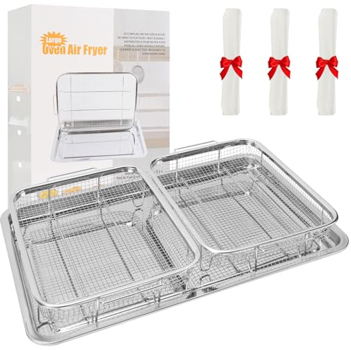 Foedo Divided Air Fryer Basket for Oven with 100 PCS Parchment Parper - 18 Inch Tray & 12 Inch Dual Zone Basket Adjustable Divider, Stainless Steel Oven Rack for Cooking Baking and Broiling