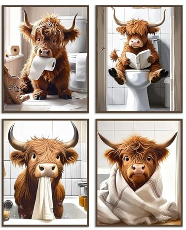 Dazzlewall 4 Stück Lustige Highland Cow Wandbilder, Rustikale Kuh Leinwand Bilder für Badezimmer Toiletten Deko 8x10 Zoll Ungerahmt