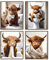 Dazzlewall 4 Stück Lustige Highland Cow Wandbilder, Rustikale Kuh Leinwand Bilder für Badezimmer Toiletten Deko 8x10 Zoll Ungerahmt