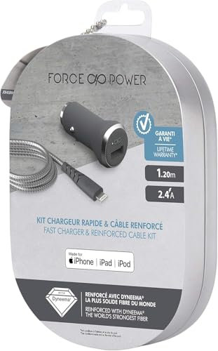 Force Power Kit Fast Charger for iPhone, Dyneema Reinforced Lightning Cable, 1.2 m, 2.4 A Car Charger, Grey
