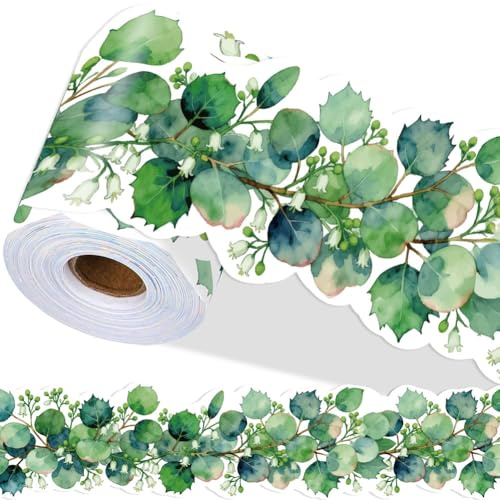 PRESSINART Eukalyptus Pinnwand Bordüre Pinnwand Bordüre Zierleiste 197 x 4 Zoll Grün Blätter Muster PVC Dekorative Selbstklebende Sticker Für Badezimmer Wäsche Küche Party Büro Zuhause Dekoration