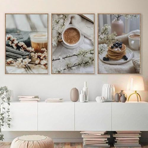TROYSINC 3er Frühling Kaffee & Pancakes Poster Set – Ästhetische Frühling Bilder mit Sanften Farben, Ideal als Wandbild Wohnzimmer oder Küche, Ohne Rahmen für Flexible Gestaltung (40x50cm)