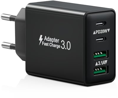 Caricatore USB C, 40W 4-Porto Rapido Presa USB Multipla PD+QC 3.0 Carica Cellulare, Spina Alimentatore USBC Caricabatterie per iPhone 17 16 15 14 13 12 11 Pro Max, Samsung, Spinotto USB Adattatore