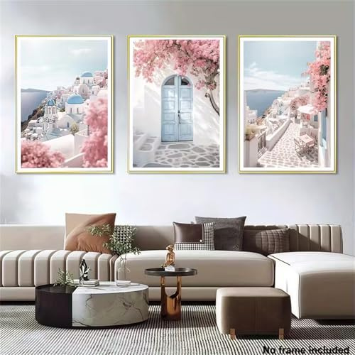 Meuzzvor Wandbilder Set 3er Leinwand Bilder Mediterrane Architektur mit Rosa Blumen Poster Moderne Wanddeko Wohnzimmer & Schlafzimmer Ohne Rahmen (30x40cm)
