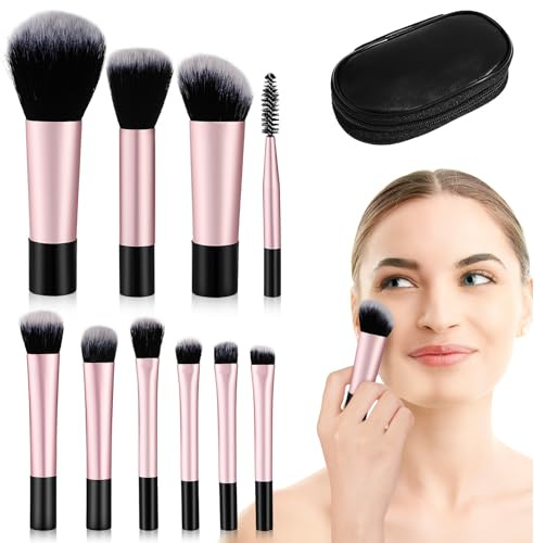10 Stück Kleiner Make Up Pinsel Schwarz mit Tasche Weihnachten Event | Kompakt für Reisen, aus Kunstfaser und Kunststoff, Sanft Haut, mit Kleiner Aufbewahrungstasche