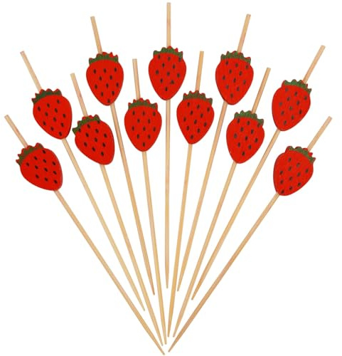 100 Palillos para Aperitivos con Fresa, Pinchos para Aperitivos Hawai, Palillos de Cóctel de Madera, Decoraciones Cócteles Graciosos, Decoración de Fiestas para Fruta, Postres, Tartas (Farbe-E)