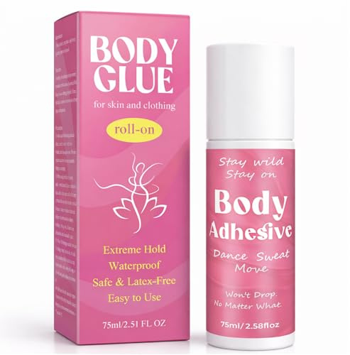 Body Adhesive Roll On for Skin, Sweat Resistant & Waterproof Body Glue, Invisible Clear Adhesive for Clothing, Leotards, Socks, Bras, Wigs, Fashion and Dancewear, Easy Wash Off, Long Lasting Hold