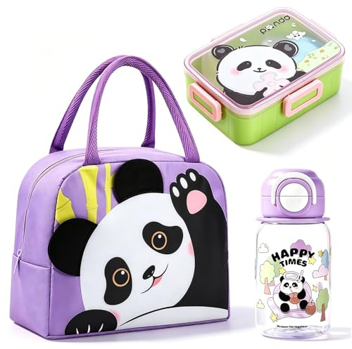 KDFSSIPE Panda Portapranzo con 2 Scompartim,600ml Porta Pranzo Campus con Scomparto Bento,620 ml Panda Bicchiere e Borsa Termica Isolata in Alluminio Adatto per Scuola Viaggi Picnic (viola)