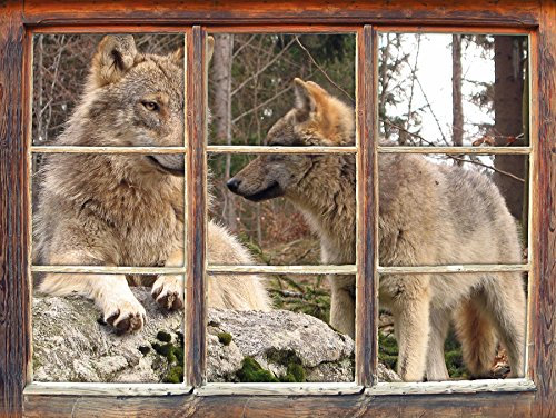 Stil.Zeit Wölfe im Wald Fenster im 3D-Look, Wand- oder Türaufkleber Format: 62x42cm, Wandsticker, Wandtattoo, Wanddekoration
