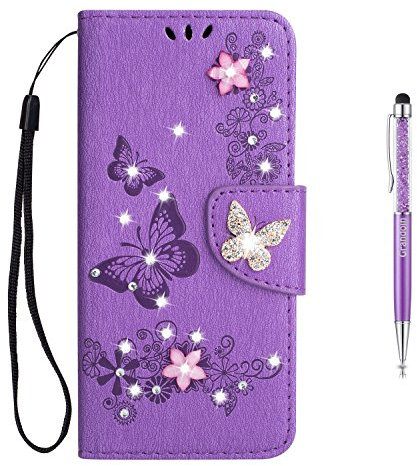 Grandoin Coque pour Samsung Galaxy S9, Brillant Cristal Diamant Flip Cover Papillon Étui de Protection Housse en PU Cuir [Magnétique] (Violet)
