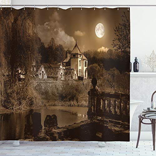 ABAKUHAUS Gothique Rideau de Douche, Maison médiévale, Tissu Ensemble de Décor de Salle de Bain avec Crochets, 175 cm x 200 cm, Marron