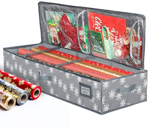 Wrapping Paper Storage Container – Fits up to 27 Rolls 1 3/8” Diam. - Underbed Gift Wrap Organizer Bags, Wrapping Paper Rolls, Ribbon, and Bows - Under Bed- Durable Material 600D - Up to 40” Rolls