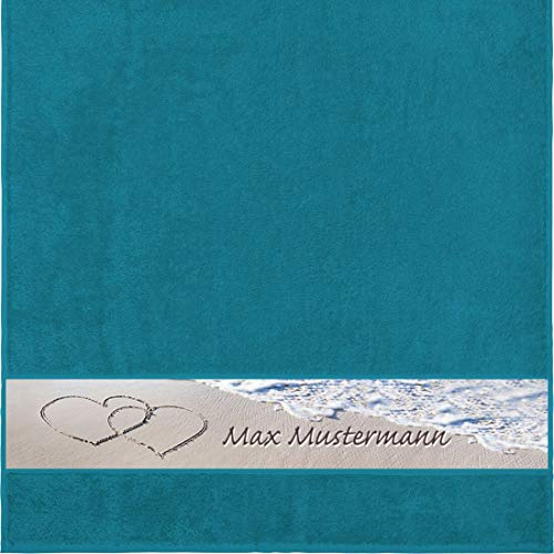 Manutextur Duschtuch mit Namen - personalisiert - Motiv Liebe - Strand - viele Farben & Motive - Dusch-Handtuch - Petrol - Größe 70x140 cm - persönliches Geschenk mit Wunsch-Motiv und Wunsch-Name