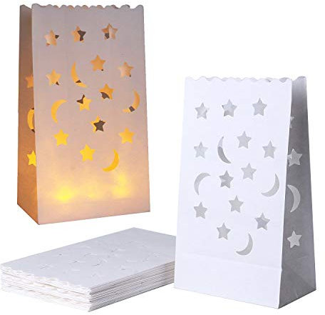 JAHEMU Lichttüten Papierlaternen Kerzentüten Kerze Taschen Weiß Candle Bags für Hochzeiten Geburtstage Weihnachten Dekorationen Mond und Sterne Design 20 Stück