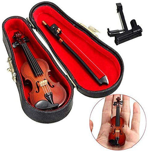 Wankd Mini Violin, Holz Miniatur Violine mit Ständer, Schleife und Fall Mini Musikinstrument Miniatur Puppenhaus Modell Home Dekoration (30 * 98mm)