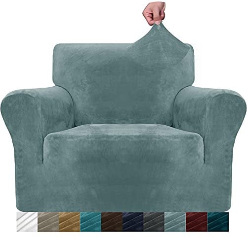 MAXIJIN Dicke Samt Stuhlhussen für Sessel Stretch rutschfeste Sofabezug 1-Sitzer Hunde Katze Haustier Wohnzimmer 1-teiliger Sofa Protector Stuhl Schonbezug (1 Sitzer, Staubiges Blau)