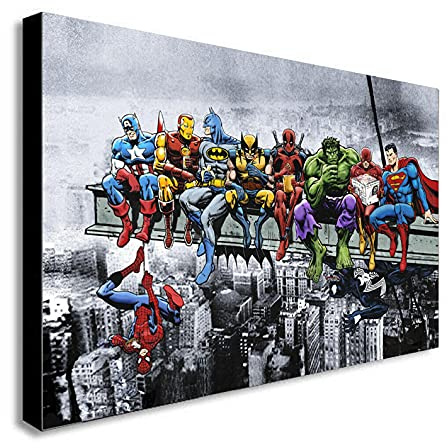 Gerahmter Kunstdruck auf Leinwand, Motiv Superheroes Lunch Atop Skyscraper verschiedene Größen (A0, 47 x 33 Zoll)