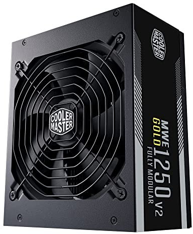 Cooler Master MWE 1250 Gold V2, Alimentation PC Entièrement Modulaire 80 Plus Gold 1250W (Prise EU), Câblage Plat Noir, Ventilateur 140mm FDB, Mode 0 RPM, Seuil de Température Élevé - Garantie 10 ans
