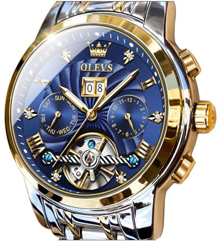 OLEVS Men Automatic Watch Skeleton 5 Hands Mechanical Classic Luxury Multi Calendar Stainless Steel Waterproof Wrist Watch for Men