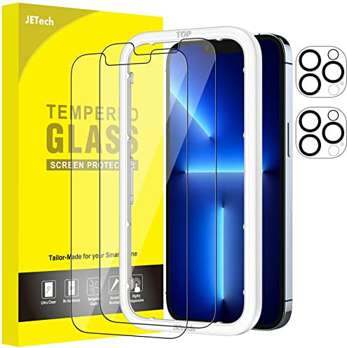 JETech Protector Pantalla para iPhone 13 Pro 6,1 Pulgadas y Protector Lente Cámara, Marco de Instalación Fácil, Cristal Vidrio Templado, 2 Paquetes Cada Uno