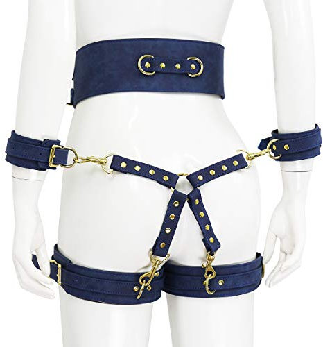 OnundOn Wetlook Leder Harness Mit Handschellen Damen Fetisch Taille Punk Goth SM Strumpfband Bondagegürtel Bondage Restraint Dessous BDSM Lingerie Fesselset