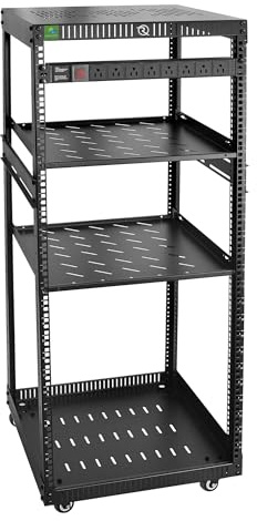 RIVECO Rack di rete 9U con ruote per server, armadio stereo a telaio aperto con coperchio superiore e inferiore ventilato, fori rotondi pali fori quadrati disponibili