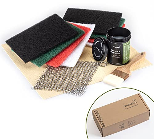 Skandika Dutch Oven Gusseisen Pflegeset | Zubehör Einbrennpaste/Pflegepaste, Ringreiniger, Pinsel, Tuch, Schleifvliespads Gusseisen Topf, Pfanne, Bräter | Pflege Set BBQ Grillzubehör Feuertopf