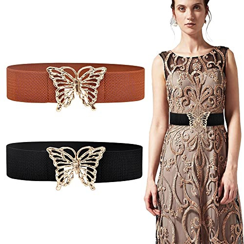RMENOOR 2 Stück Breiter Gürtel Damen Goldener Gürtel Taille Elastischer Taillengürtel Stretchgürtel Schmetterling Damengürtel Vintage Bindegürtel Taille mit Schnallen Kleidgürtel Belt Women für Kleid